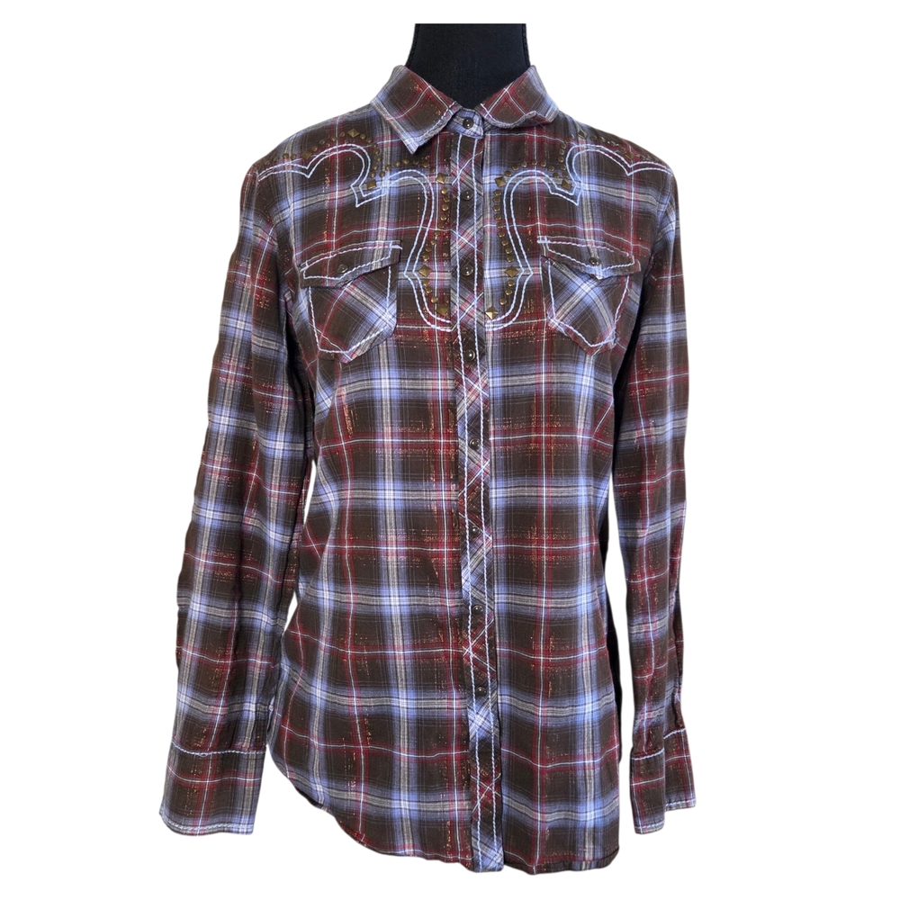 Ariat Brown Red and Blue Plaid Button-Down Western Shirt